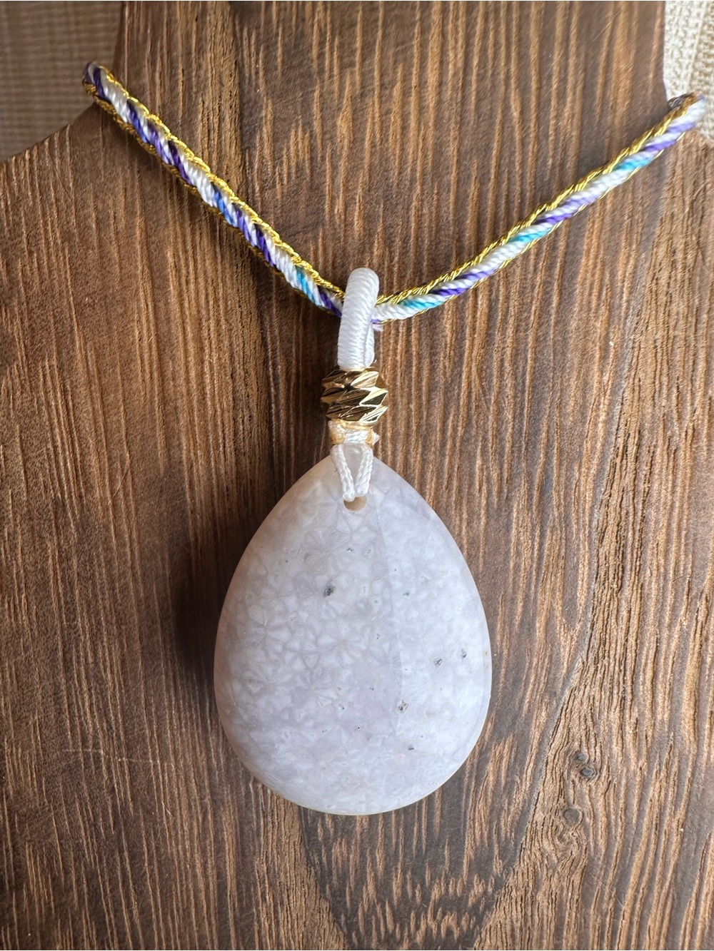 White Coral Fossil Teardrop Pendant Necklace on Blue and Gold Rope - Picture 8 of 13